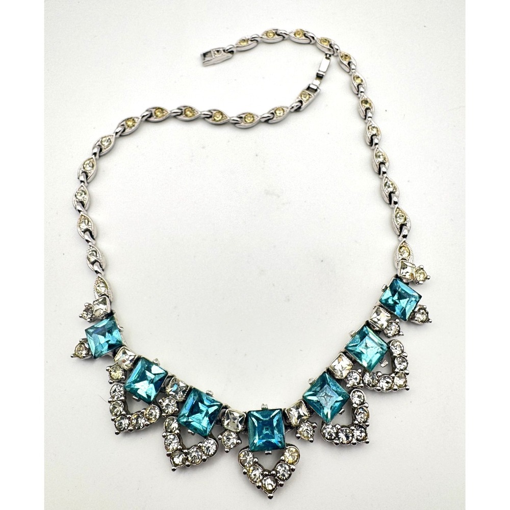 Vintage‎ BOGOFF Necklace Blue Rhinestone Silver Tone MCM Aqua Teal